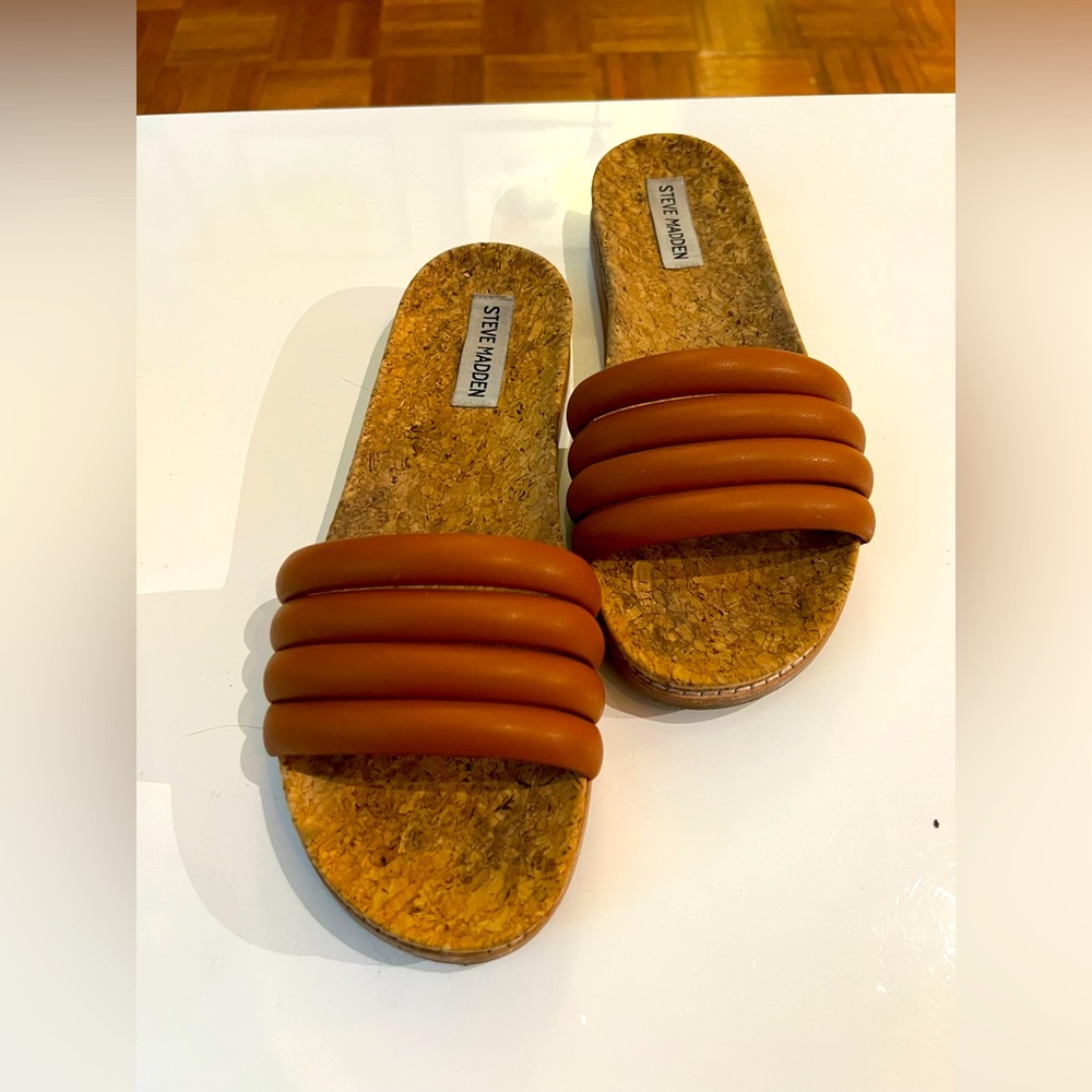Steve Madden brown leather and cork slides size 8.5